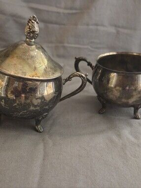 Vintage Silver-Plated Sugar Bowl and Creamer Set - Tarnished Silver Finish